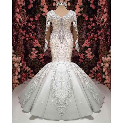 Well Design Sweetheart Crystals Mermaid Wedding Dresses Sweep Train Lace Appliques Long Sleeves Bridal Gowns Custom made