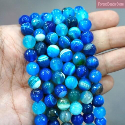 Natural Stone Faceted Blue Striped Agates Onyx Round Loose Beads For Jewelry Making DIY Bracelet Earrings 15'' 4/6/8/10/12mm