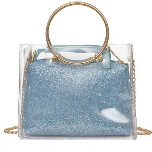 Summer Clear Handbags for Women 2020 Fashion PVC Transparent Beach Bag Round Tote Bag Chain Crossbody Composite Bag