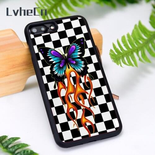 LvheCn Silicone Rubber Phone Case Cover for iPhone 6 6S 7 8 Plus X XS XR 11 12 Mini Pro Max Checkered Flames Butterfly