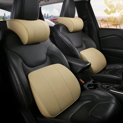 KKYSYELVA leather Car Neck Pillow Set Memory Foam Auto Headrest Lumbar Seat Supports Cushion Universal Back Pillows Accessories