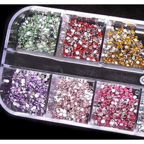 1200x Blings 2mm Mixed Color Nail Art Tips Acrylic Manicure Nail Stickers + Case 12 different colors nail stickers with flat sil