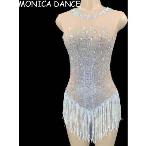 Nightclub Sexy Silver Rhinestone White Tassel Transparent Bodysuit Women Dancer DS Club Outfit Birthday Celebrate Prom Outfit