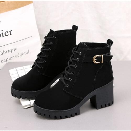 2020 New Martin Boots British Thick Heel Lace-up Cotton Boots Small Short Boots Women Spring and Autumn Single Boots High Heels