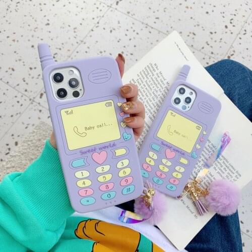 NEW 3D Cartoon Classic Mobile Phone Phone Case for iPhone 12 Retro Cute Purple Soft Cover for iPhone 11/7/8/XS/X/XR/MAX Shells