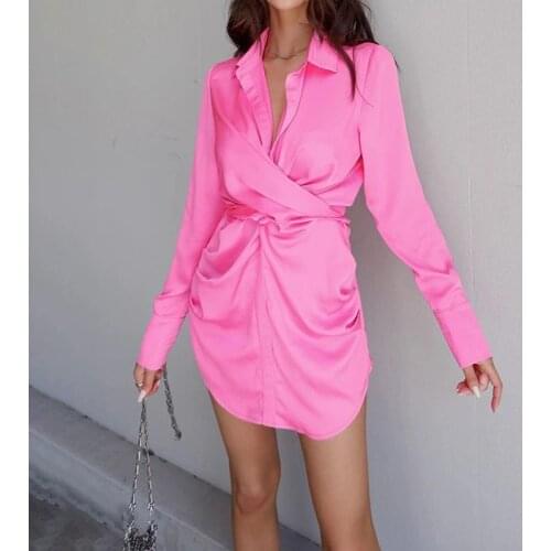 OMSJ 12 Colors Casual Long Sleeve Studded Stitching Fashion Dress Lapel Neck Lace Up Irregular Pullover Street Shirt Dress 2021