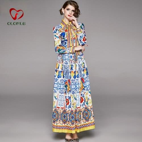 Banulin 2020 Spring Fashion Designer Maxi Dress Womens Long Sleeve Boho Colorful Flower Bow Print Holiday long Pleated Dress