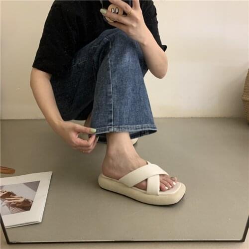Med Heel Slippers Solid Colors Cross-tied Platform Chunky Sandals Women 2021 Med Heel Summer Beach Designer Slides Shoes Women