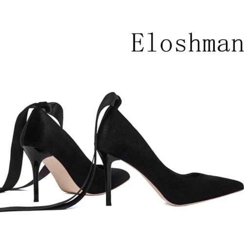 Women pumps Flock Lace Up 10CM Thin Heels High heels Pointed Toe Butterfly-knot Shallow zapatos de mujer women shoes size 35-42