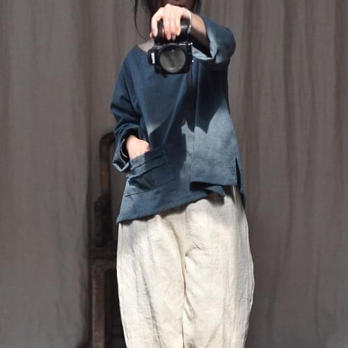 Women Ramie patchwork Blouse Shirts Tops Ladies Loose Vintage Spring Summer Shirt Female Solid Color Spliced Tops 2019