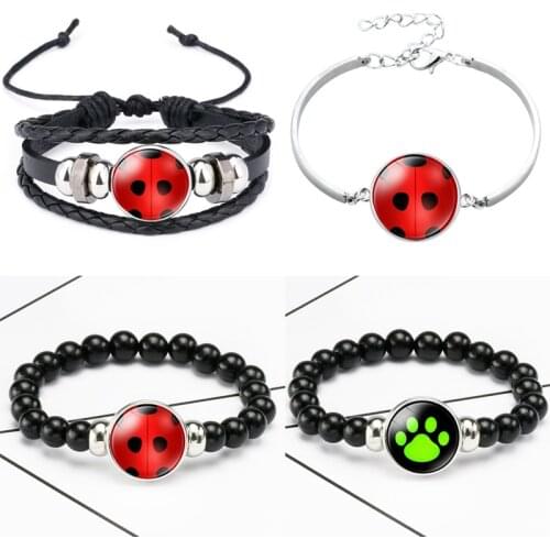 FIMAODZ Insect Cat Pet Paw Ladybugs Bracelet Animal Ladybird Bug Women Kids Handmade Leather Bracelets Fashion Jewelry Gifts