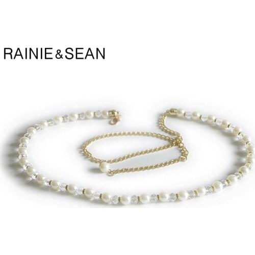 RAINIE SEAN WomenS Pearl Belt For Women Wedding Crystal Belt Ladies White Waist Metal Chain Belt Thin Fashion Pearl Beads Strap