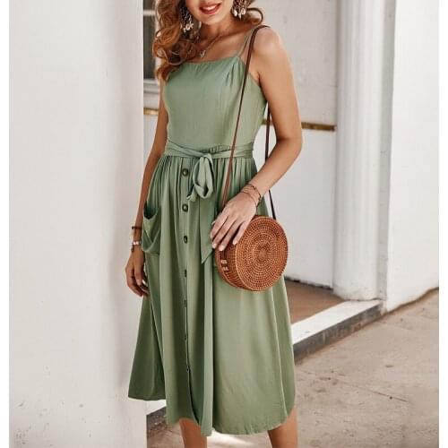 Spring Summer Dress Sexy Spaghetti Strap Dress Women Sleeveless Pockets Lace Up Knee-Long Dress Casual Midi Beach Dress Vestidos