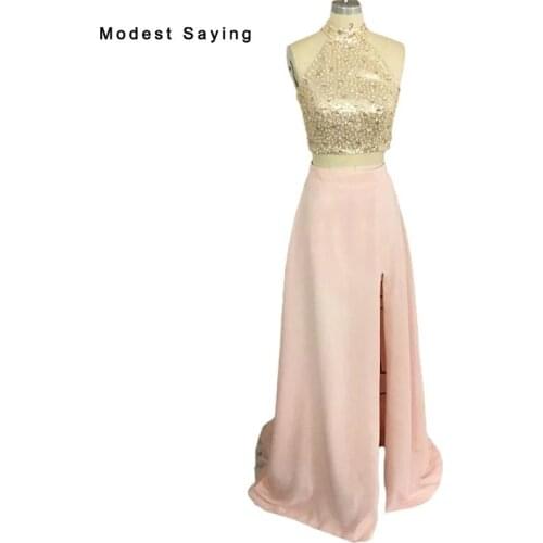 Pink and Gold Sexy Split Mermaid High Neck Beaded Crop Top 2 Piece Prom Dresses 2017 Formal Women Birthday Party Prom Gowns BE53