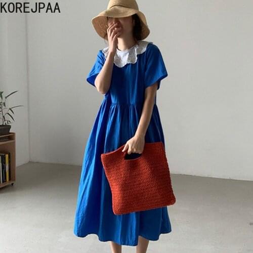 Korejpaa Women Dress 2021 Summer Korean Retro Temperament Embroidery Doll Collar Stitching High Waist Loose Big Swing Vestidos