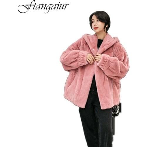 Ftangaiur 2021 Winter Import Velvet Mink Fur Coat Fish bone pattern With Hood Natural Fur Coat Women Medium Real Mink Fur Coats