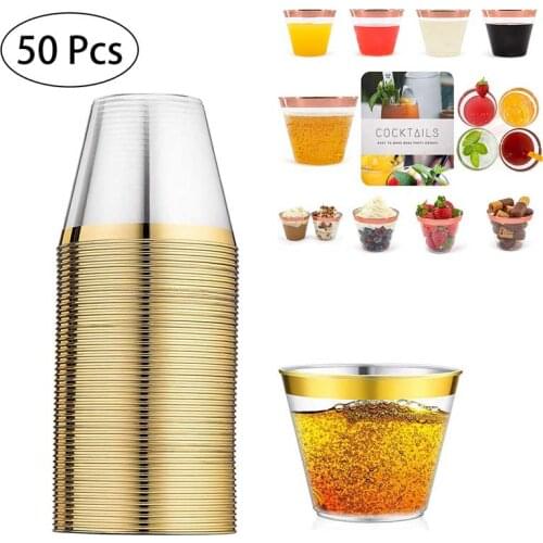 50Pcs Disposable Plastic Cup Transparent Gold Bronzing Wedding Party Birthday Baby Shower Wine Juice Dessert Cups Party Supplies