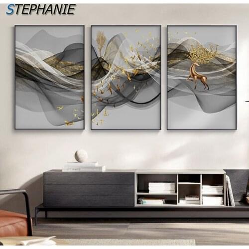 Abstract Black White Fabric Canvas Painting Golden Deer Tree Poster Print Nordic Decor Wall Art Pictures for Living Room Bedroom
