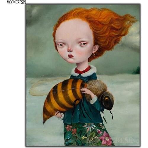 Diy Diamond Painting Cross Stitch Girl Holding Bee Needlework 3D Diamond Embroidery Full Round Mosaic Decoration Resin Stickers