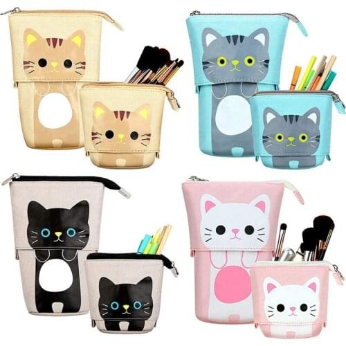 ANGOO 4 Pieces Pencil Holder Cute Cat Telescopic Pencil Organizer Makeup Bag Cosmetics Pouch Stationery Pen Case