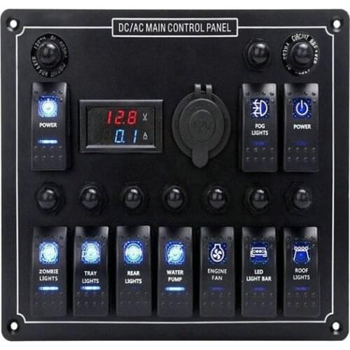 Auto Car Marine LED 10 Gang Rocker Switch Panel With 12V Power Socket Voltmeter Fuse Holder