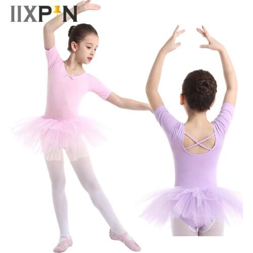 IIXPIN Girls Ballet Tutu Dress Cotton Short Sleeve Dance Wear Gymnastics Leotard Dress Girls Ballerina Fairy Party Costumes