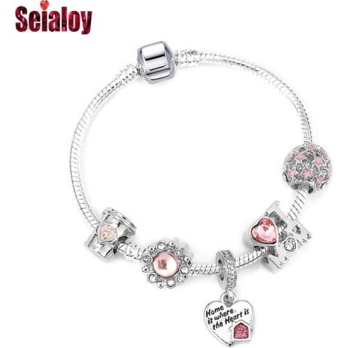 Seialoy Heart Home Is Where The Heart Is Charm Bracelets Original Pink Crystal I Love MOM Beaded Bracelet & Bangles For Women