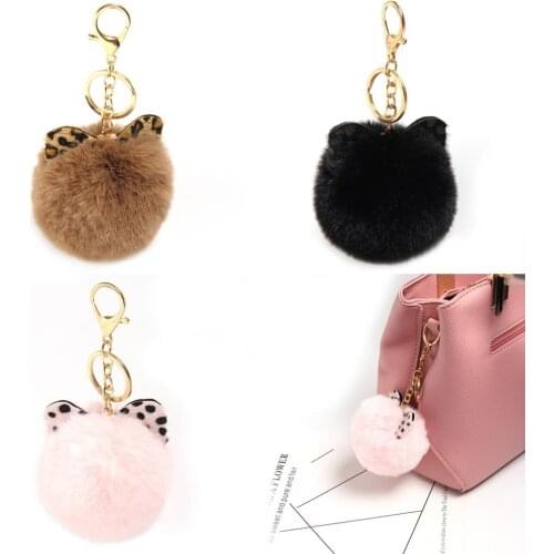 Leapord Bow Faux Fur Pom Pom Keychains Fake Rabbit fur ball porte clef pompom de fourrure fluffy Bag Charms