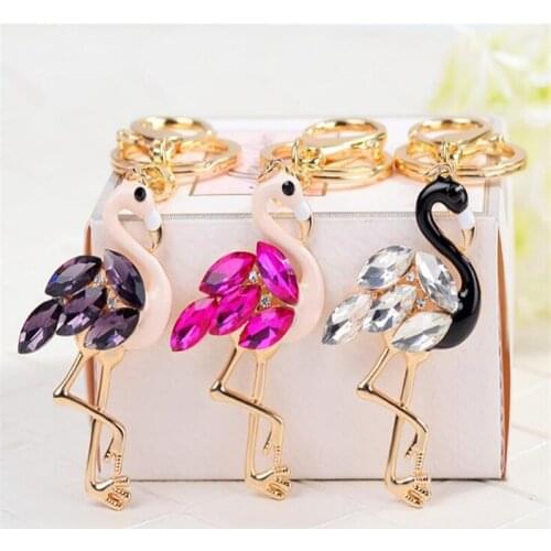 Crystal Rhinestone Flamingos Keychain Cute Enamel Animal Birds Key Chain Handbag Pendant Car keychain B109