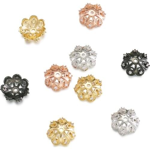 10Pcs Brass Micro Pave Cubic Zirconia Bead Cap Multi-Petal Flower Spacer Beads For Jewelry Making Charms Necklace Bracelets
