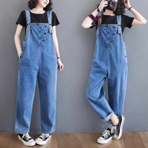 High Waist Print Denim Bib Women 2021 Thin Slim Korean Pants Look Thin Straight Jeans Loose Overalls Jumpsuit Trousers Streetwea