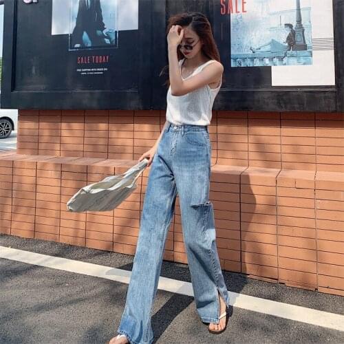 FNOCE 2020 new womens thin ripped jeans pants fashion casual street solid high waist hole slim loose denim long Straight pant