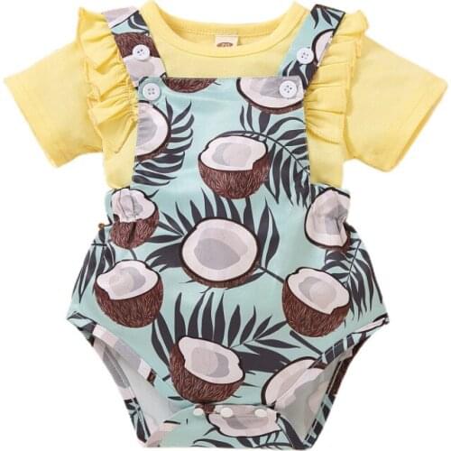 Baby Girls Clothes Set, Solid Color Short Sleeve O-neck Ruffles Tops + Leopard/Fruit Print Suspender Shorts Summer 2021
