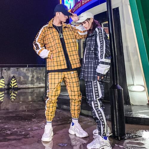 Coat Plaid Jacket Spring Hip Hop Street Dance Mens Sets Two-piece Set Plaid Printed Loose Suit Couple Clothes Fashion Tracksuit