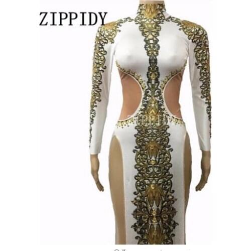 Fashion Cheongsam White Printed Dress Womens Dance wear Female Singer Costume One-piece Nightclub Party Dresses
