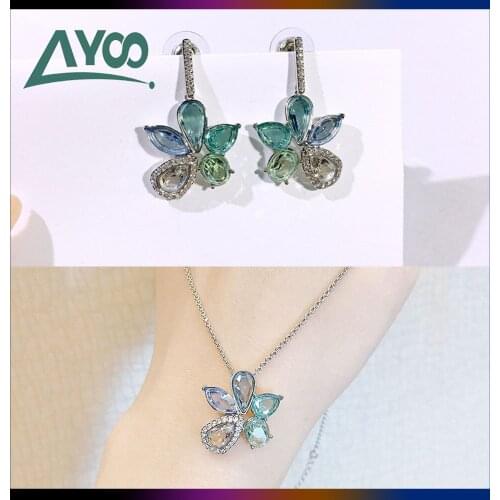 SWA Fashion Jewelry Original Charm Simple Color Crystal Flower Necklace Blue Green Crystal Necklace Earring Set Romantic Gift