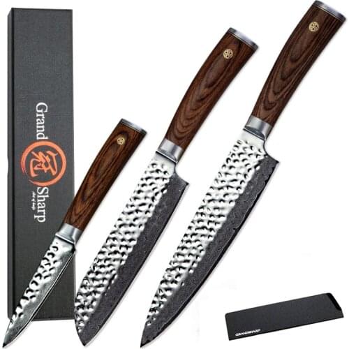 GRANDSHARP Kitchen Knife Set 3 Pcs Chef Santoku Paring Kitchen Knives vg10 Damascus Japanese Knife Professional Best Chef Knives