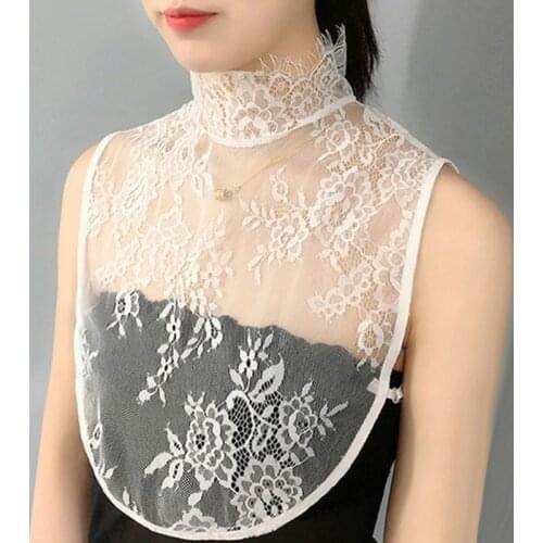 New Ladies Decorative Fake Collar Sheer Floral Lace High Neck Ruffles Half-Shirt Top
