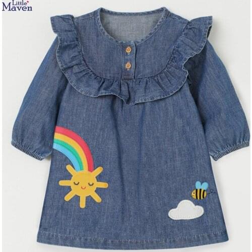European And American Style Autumn New Arrival 2021 Children Denim Dress Cartoon Bees Rainbow Baby Mini Dresses