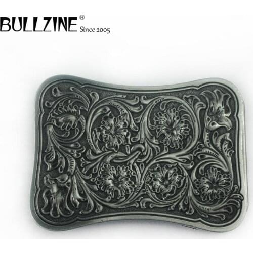 Bullzine wholesale zinc alloy western flower belt buckle pewter finish FP-03324 cowboy jeans gift belt buckle