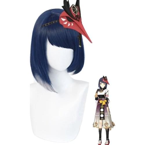 Game Genshin Impact Kujyo Sara Cosplay 35cm Blue Wig with Bangs Women Cosplay Wigs Synthetic Hair Heat Resistant
