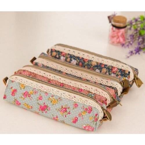 Fashion Mini Retro Flower Floral Lace Pencil box case pen bag Multi-Function Zipper Pencil Holder Bag School Supplies Stationery