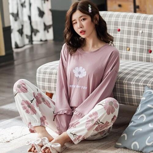 Flower Print Cotton Pajamas Women New Spring Autumn Sleepwear Set Long Sleeve Plus Size Students Nightwear Pijamas De Mujer