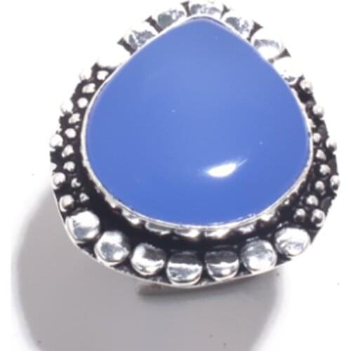Genuine Blue Chalcedony Ring Silver Overlay over Copper , Hand Made Women Jewelry gift, R6883