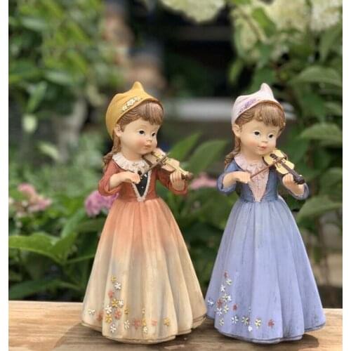 American Country Park Playing Violin Skirt Girl Resin Sculpture Home room Desktop Figurines Decoration Garden Ornaments Crafts