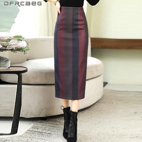 Casual High Waist Warm Womens Wool Pencil Skirts Winter 2021 Striped Print Slim Retro Warm Woolen Long Skirt Femme