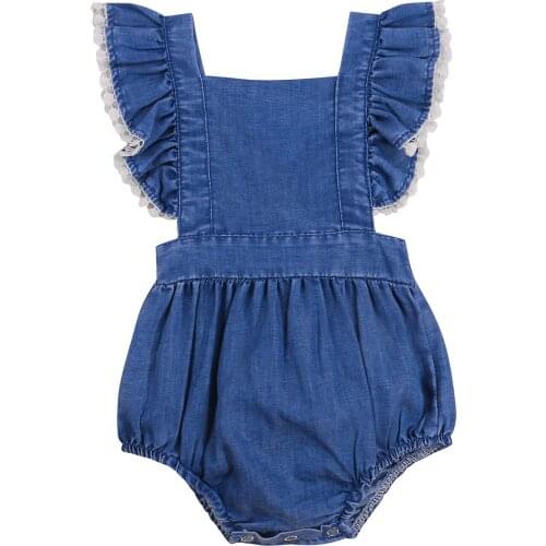 Baby Girls Casual Romper, Dark Blue Square Collar Sleeveless Romper with Lace Hem
