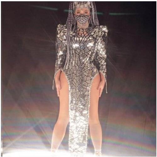 Silver dress Nightclub bar dancer female singer reflective mirror stage costume