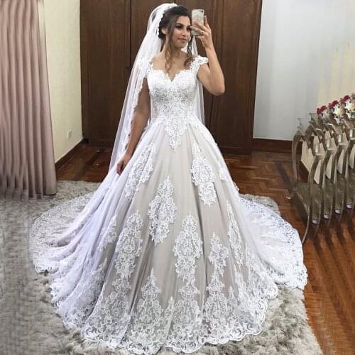 Robe de mariage 2019 O-Neck Cap Sleeve Appliques Lace Up Back Bride Wedding Gowns Ball Gown Wedding Dress