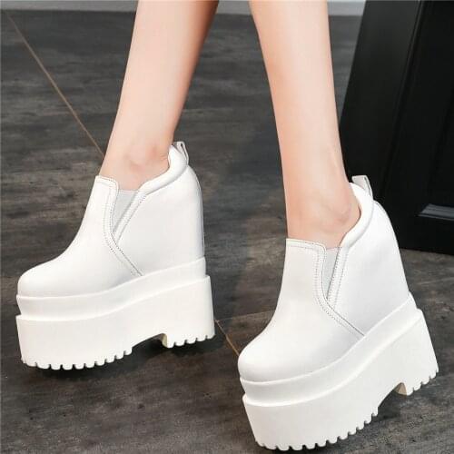 Platform Pumps Shoes Women Genuine Leather Chunky High Heels Ankle Boots Female High Top Round Toe Fashion Sneakers Casual Shoes